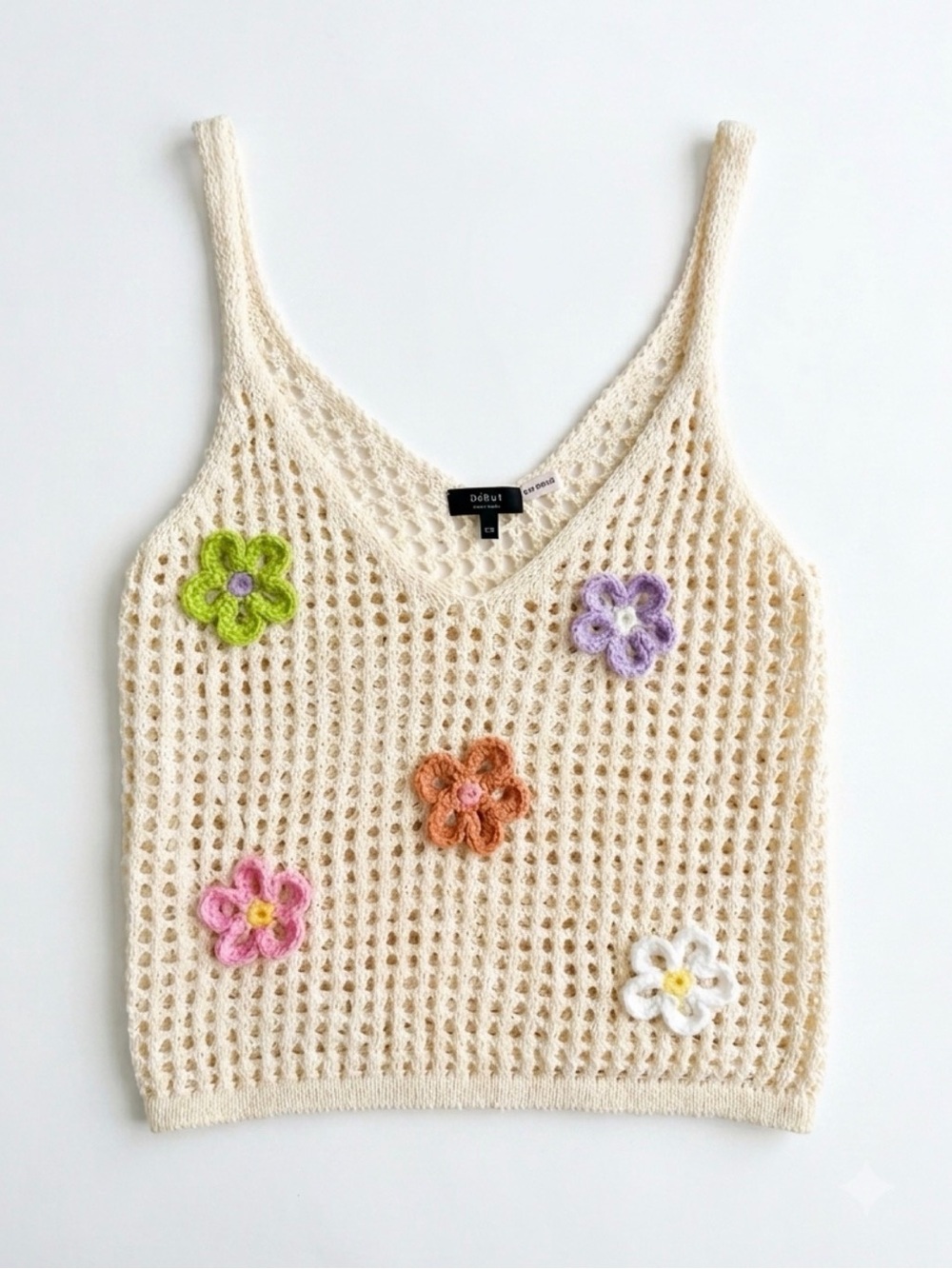 Debut Crochet Floral Tank Top - Cream with Multicolor Flowers